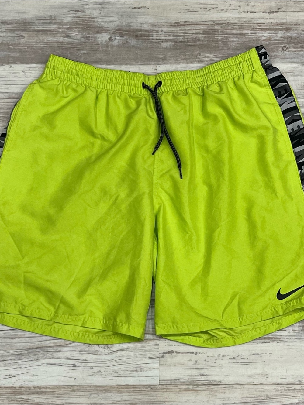 Nike Neon Green Swimwear Athletic Shorts with Black Swoosh, Loose Baggy Fit